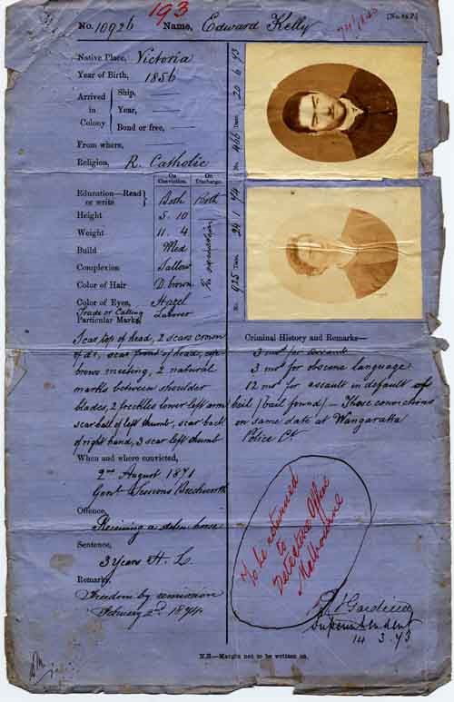 Ned Kelly's Prison Record, Courtesy of the Public Records Office of Victoria